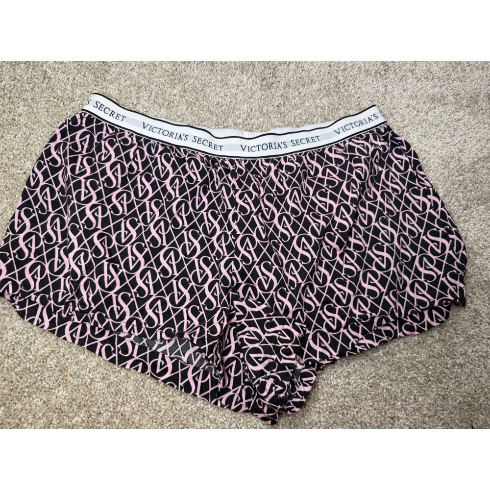 Victorias Secret Pink Monogram Logo Pajama Shorts Black Sleepwear Lounge Large